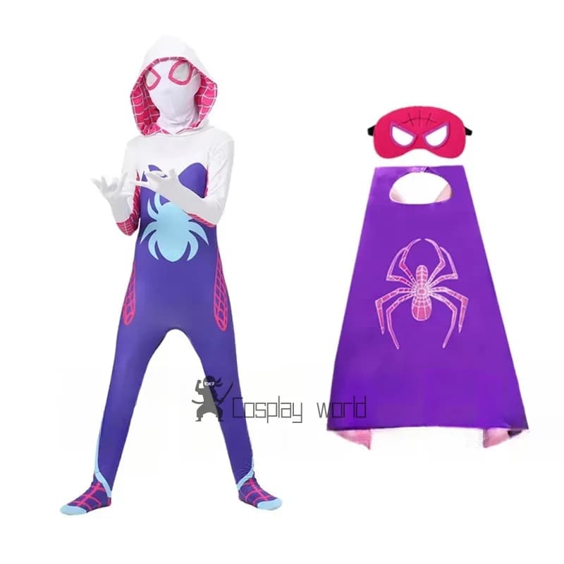 Gwen Costume Cosplay Spider Man Supereroe Tuta Tute Halloween Natale Vestiti Maschera Mantello viola Mantello