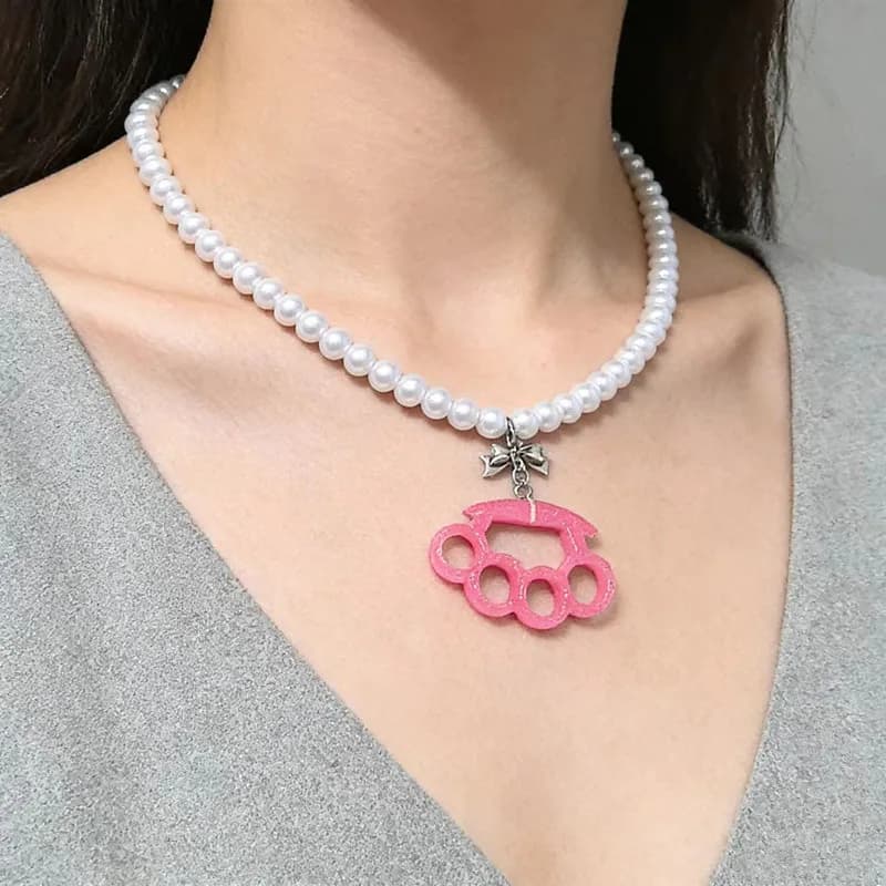 Sweet and Cool Style Spicy Girl Bow Boxing Ring Pendant Necklace, Subculture Imitation Pearl Boxing Necklace