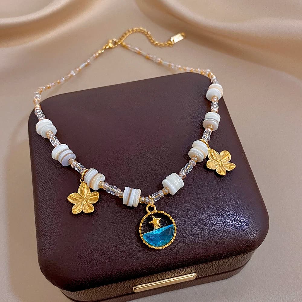 DODOHAO Trendy Blue Zircon Stainless Steel Flower Pendant Necklace for Women Natural Stone Acrylic Seed Beaded Choker Jewelry