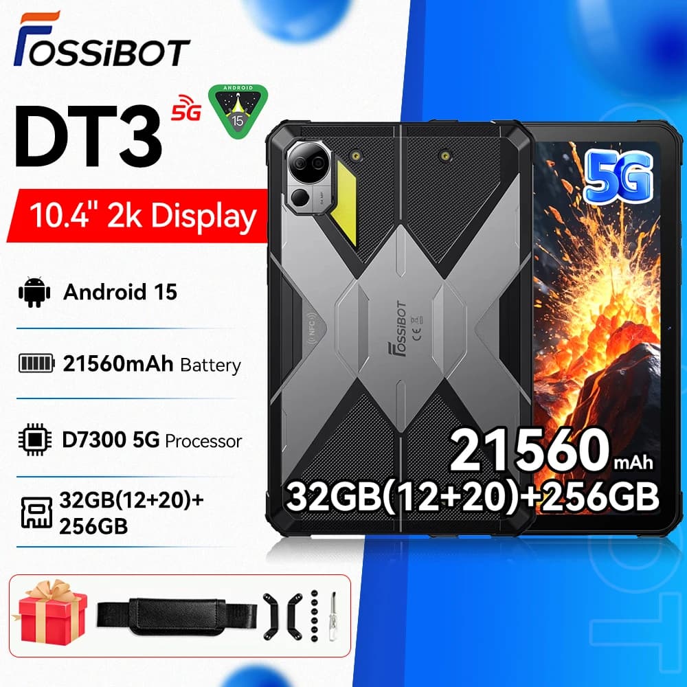 FOSSiBOT [DT3- 5G] Tablet robusto Android 15 Display 2K da 10,4 pollici 32 GB (12 +20) 256 GB 21560 mAh 66 W Ricarica 64 MP FaceID NFC WiFi 6 Pad