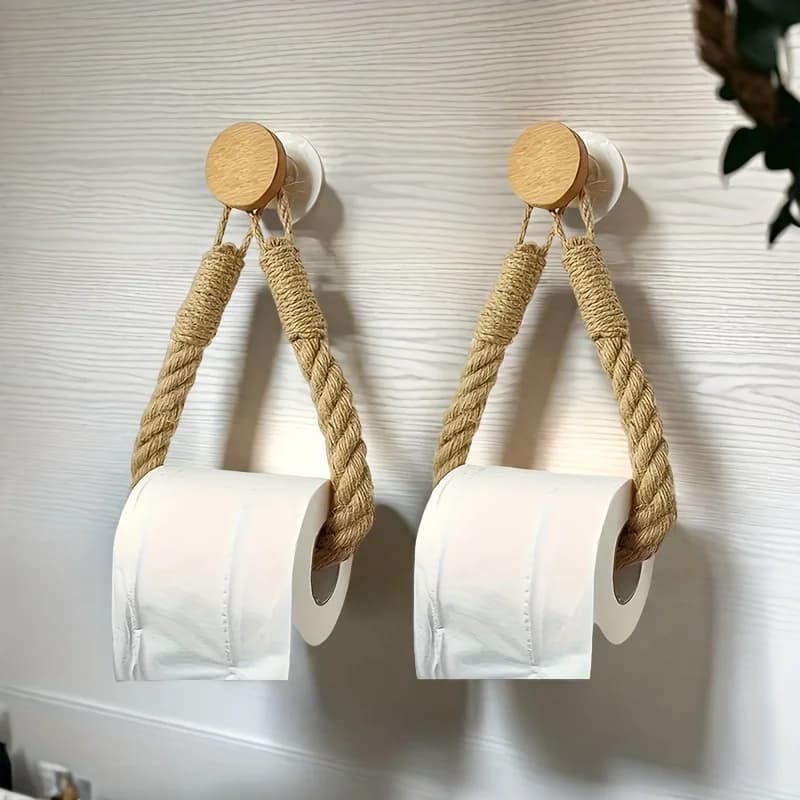 Portarotolo da Bagno a Sospensione Senza Foratura in Legno di Faggio, Organizzatore da Bagno con 2 Pezzi di Porta Asciugamani in Corda