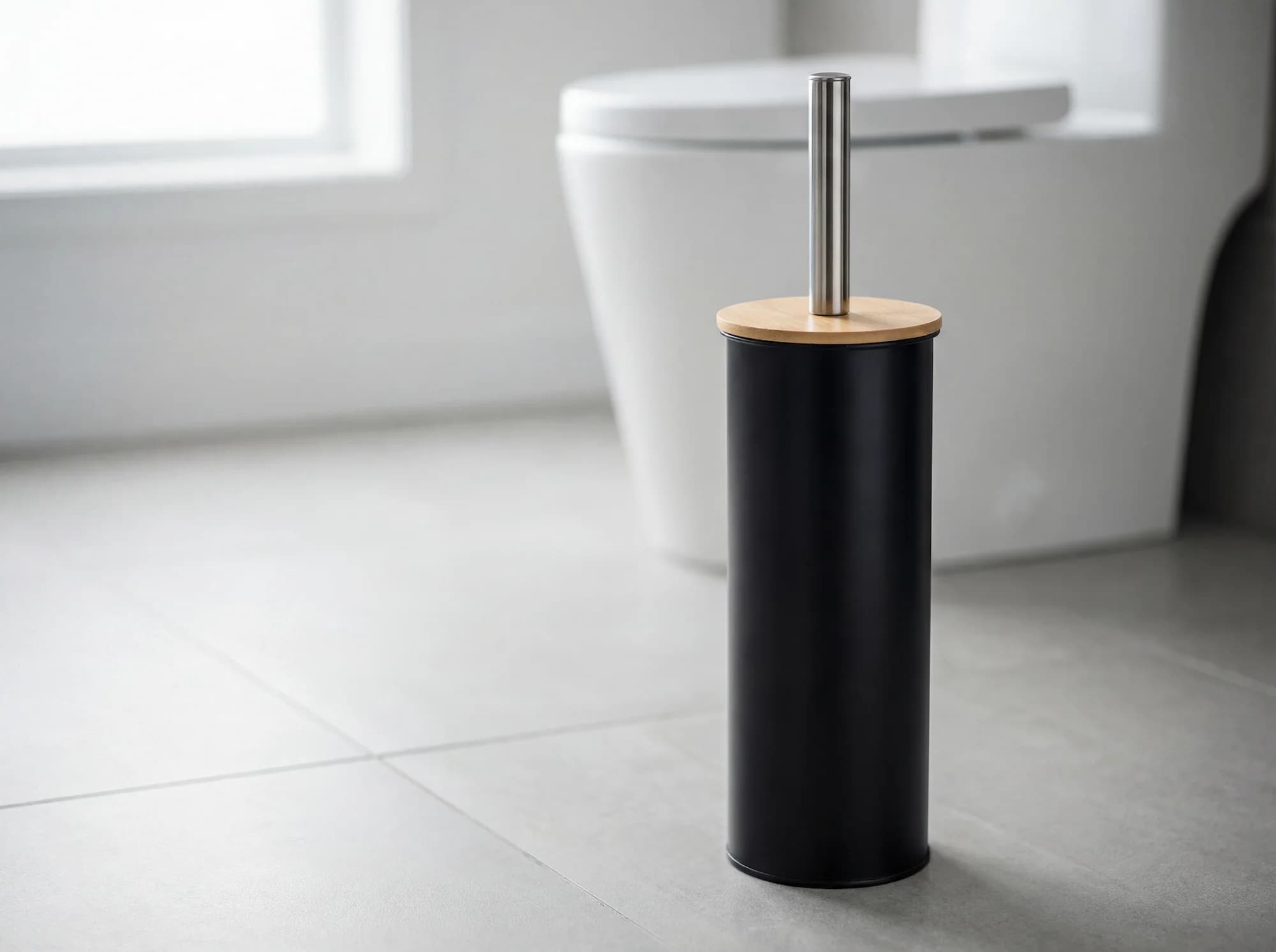 Large Toilet Brush and Holder Set with Bamboo Lid Black or White 9.5 x 37 cm