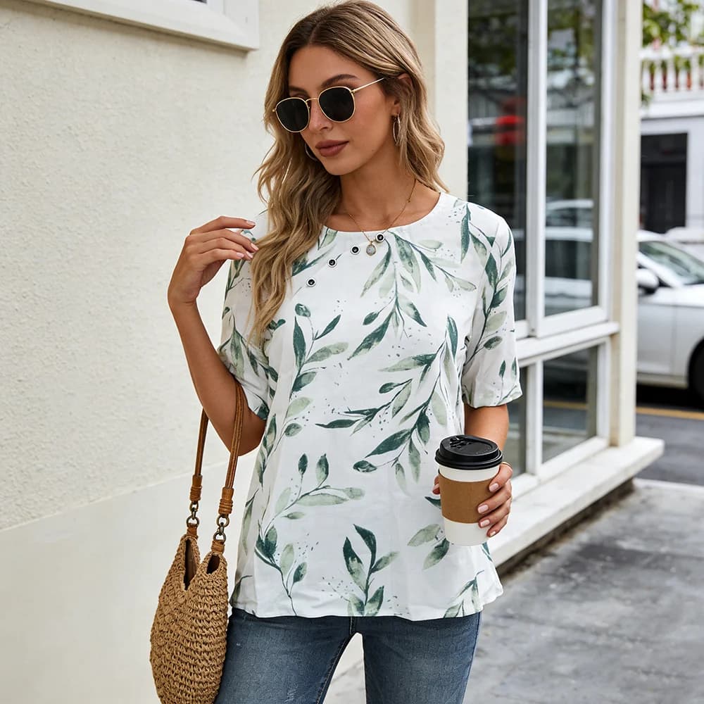 Elegante Camicetta con Foglie Verdi ad Acquerello, Camicia Casual a Maniche Corte per Vacanze, Top Leggero da Ufficio per Signore
