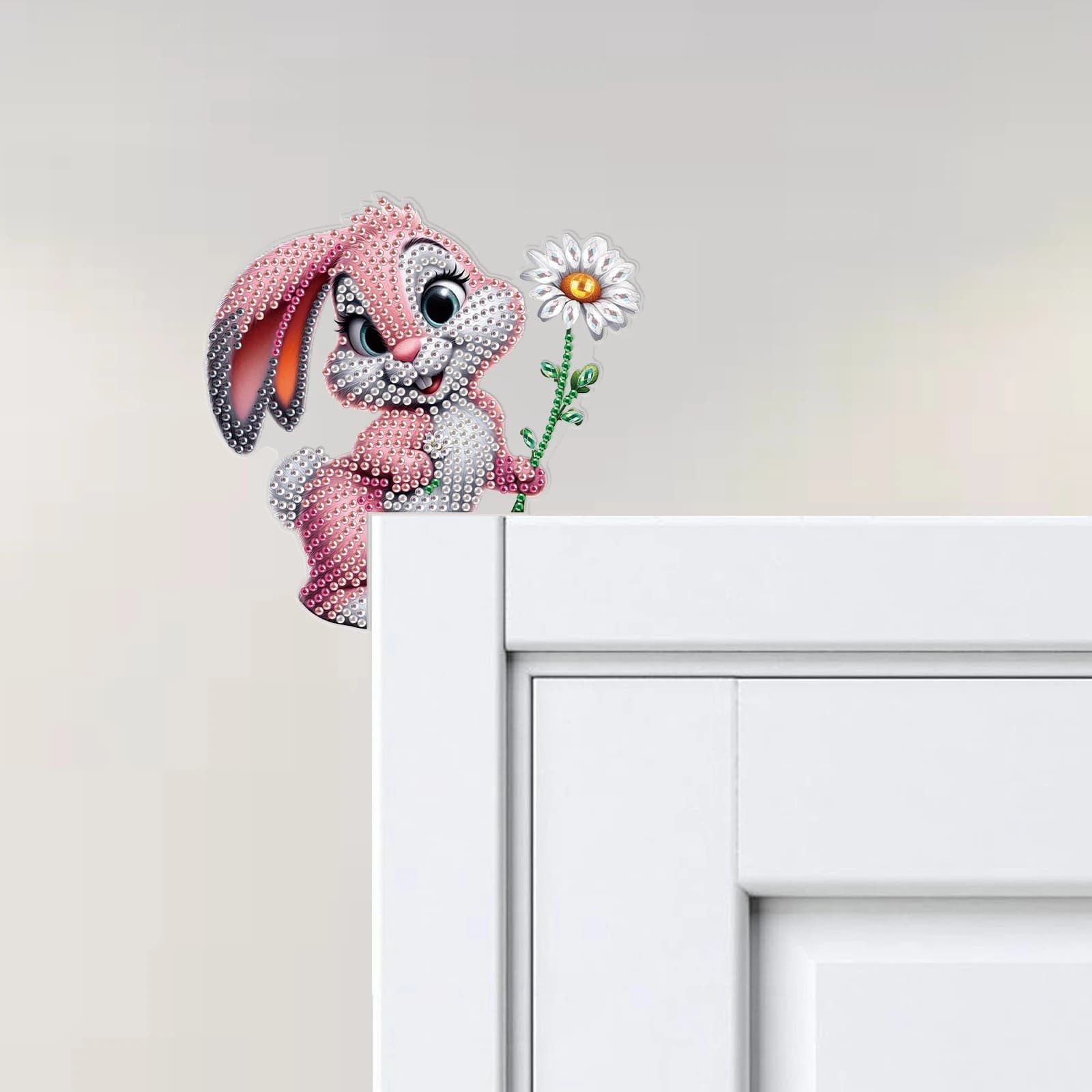 Corner decoration kit for doors with diamond painting, home kitchen door with special shape diamonds in pink rabbit acrylic, artistic gift for decorations with frames
