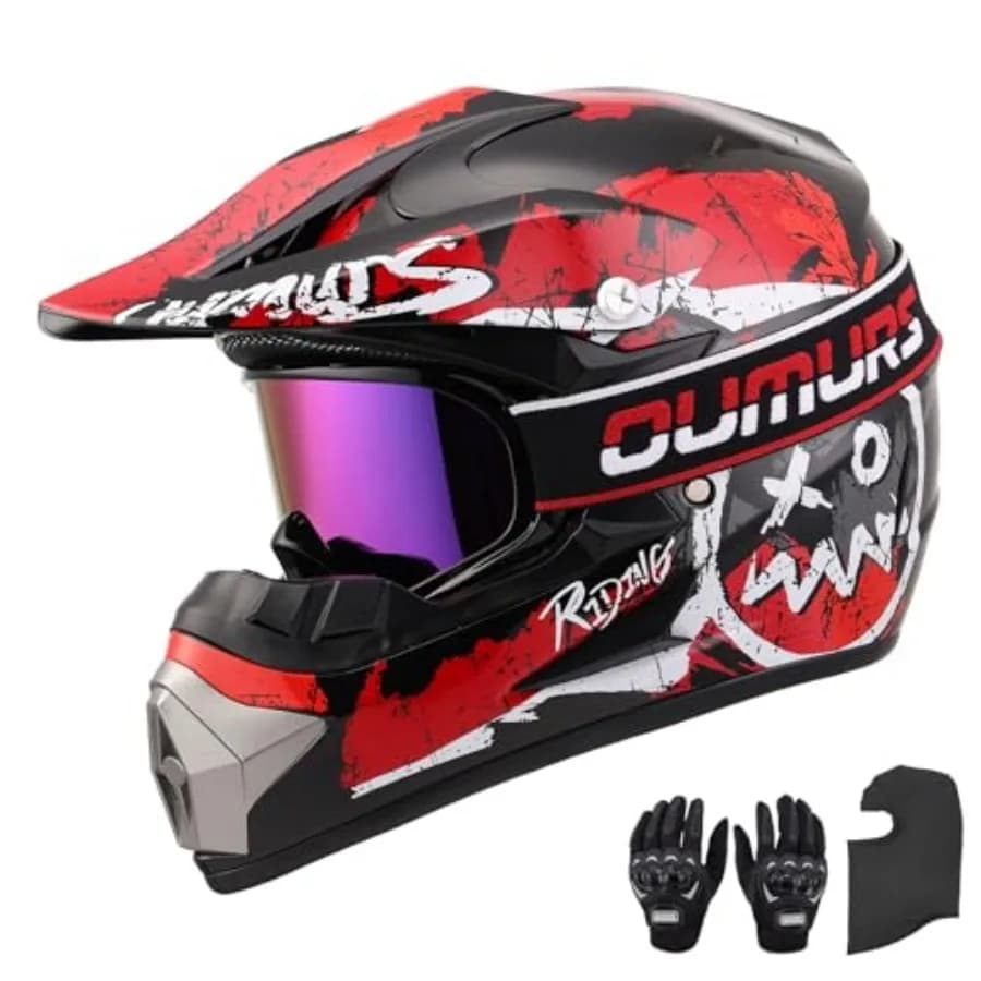 Casco DOT per Adulti per ATV e Moto da Cross con Occhiali, Guanti e Maschera, Visiera Parasole Regolabile, Casco per Moto Fuoristrada