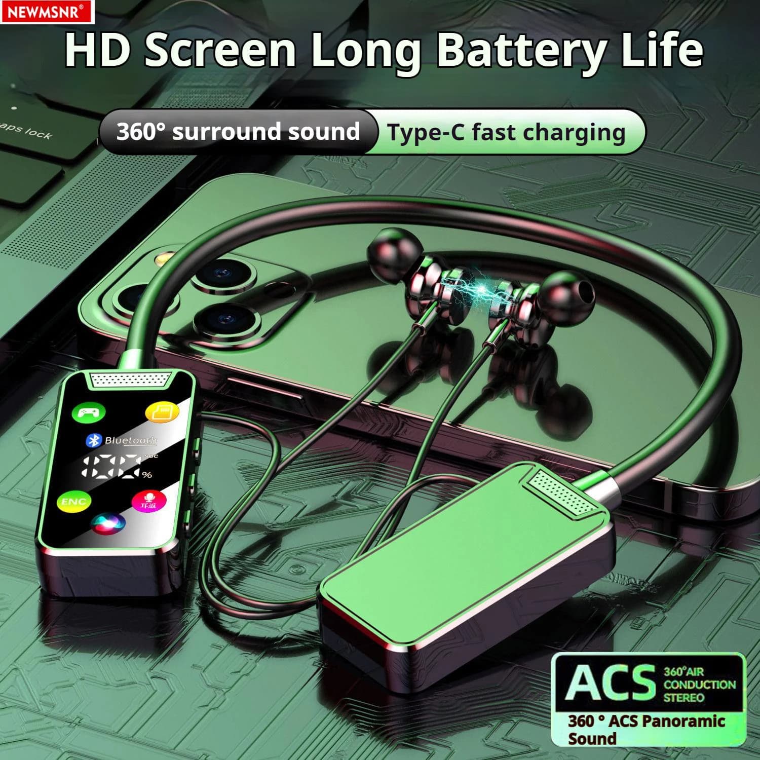 Schermo HD Suono surround Archetto da collo Batteria a lunga durata Auricolari Cuffie Bluetooth wireless Cuffie per giocatori sportivi Riduzione del rumore
