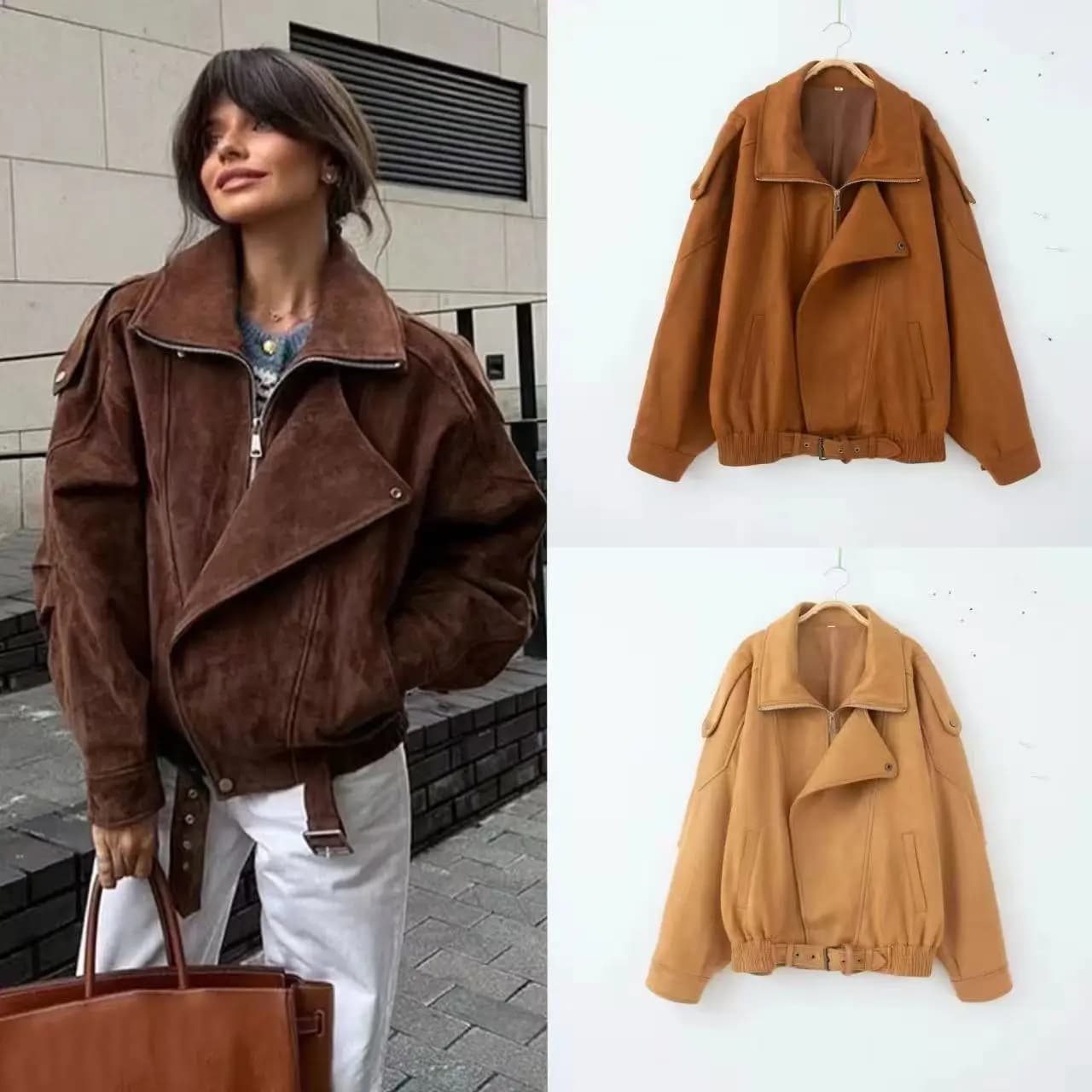 PRINTKAOIR Women's Belt Short Suede Leather Jackets Wraped loose Long sleeves Zippered coats 2025 Spring Lady Vintage Women's outerwear Street