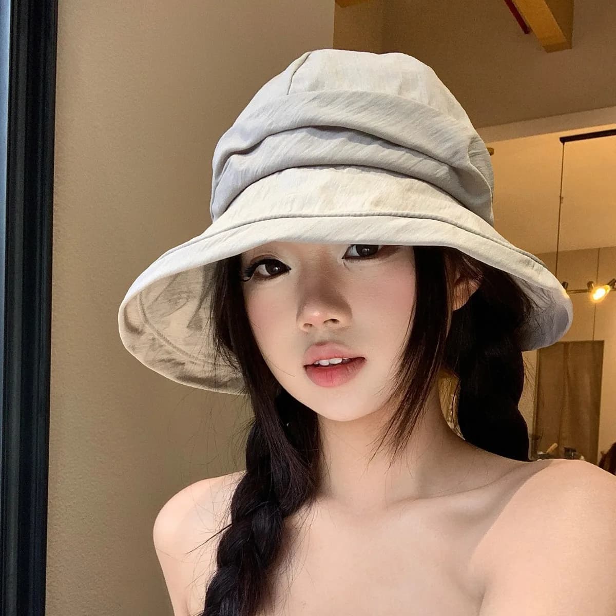 Cappello a secchiello con texture rugosa e tesa larga, a doppio strato, effetto snellente, pieghevole, protezione UV, da donna