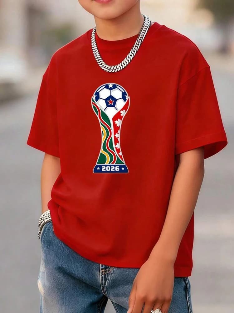 Football pattern printed T-shirt, suitable for both boys and girls, for school sports and casual wear