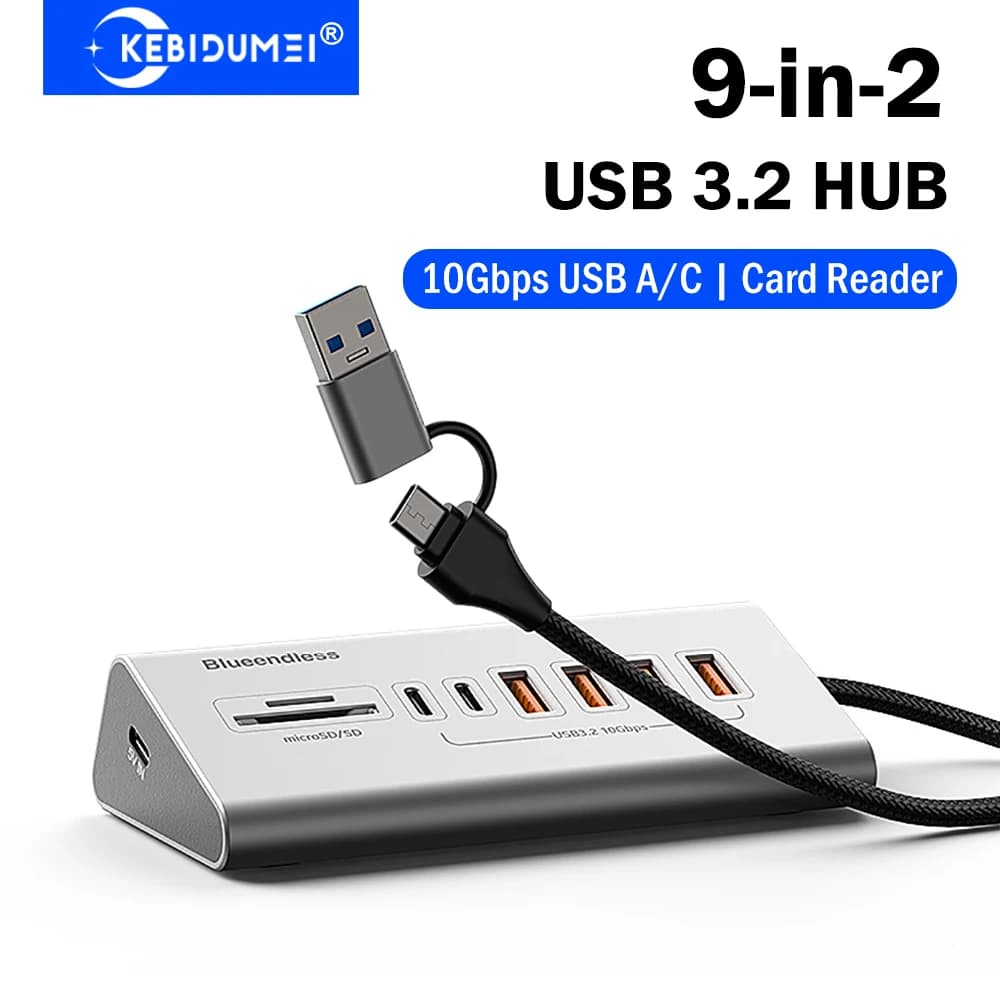 KEBIDUMEI Hub USB 3.2 9-in-2 da 10 Gbps, Docking Station USB C, Splitter USB-C con Lettore di Schede in Lega di Alluminio per PC Portatile