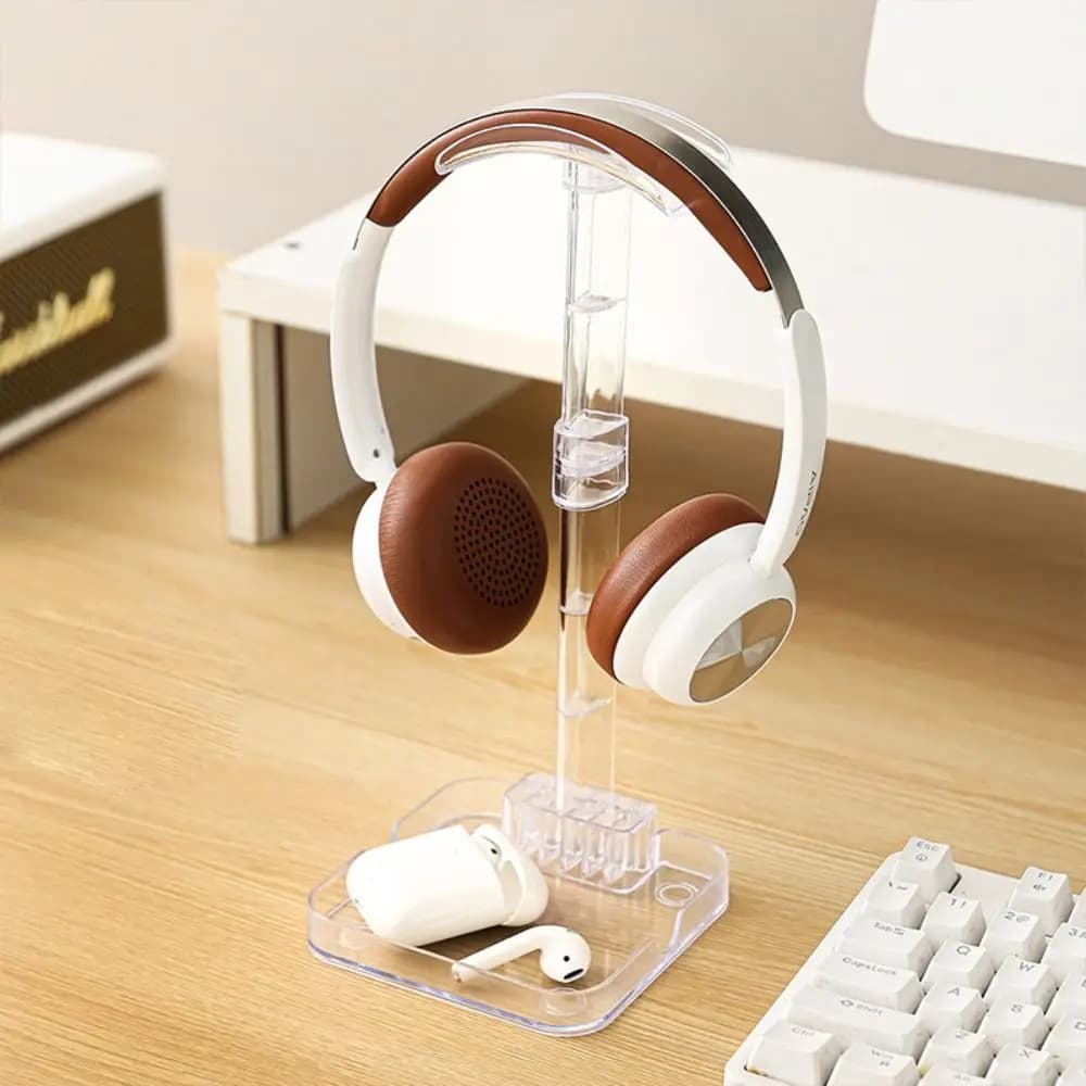 Supporto Universale in Plastica per Cuffie con Porta Telefono e Vassoio Portaoggetti, Supporto per Cuffie Rimovibile Trasparente