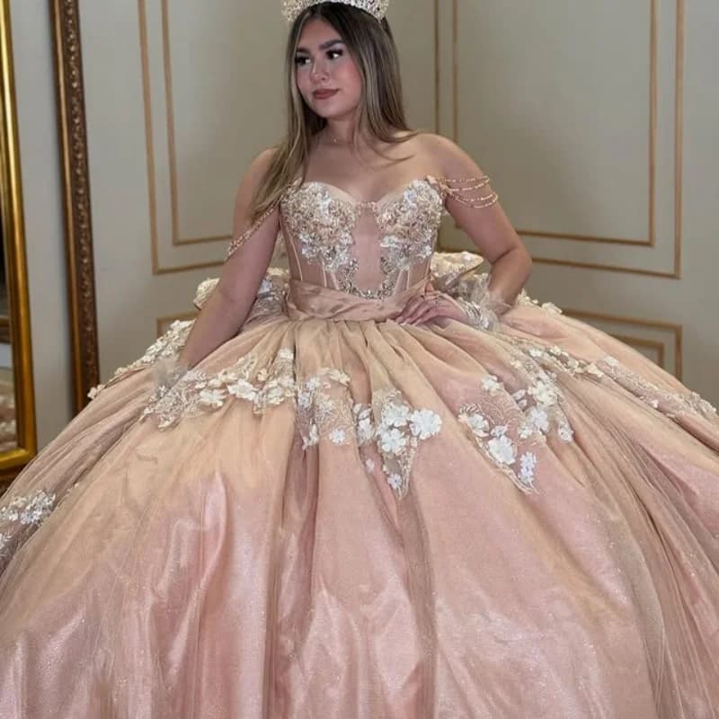 Abiti Quinceanera CHAMPAGNE LIGHT lucido personalizzati con spalle scoperte applique con paillettes fiore 3D Vestido 15 Quinceanera