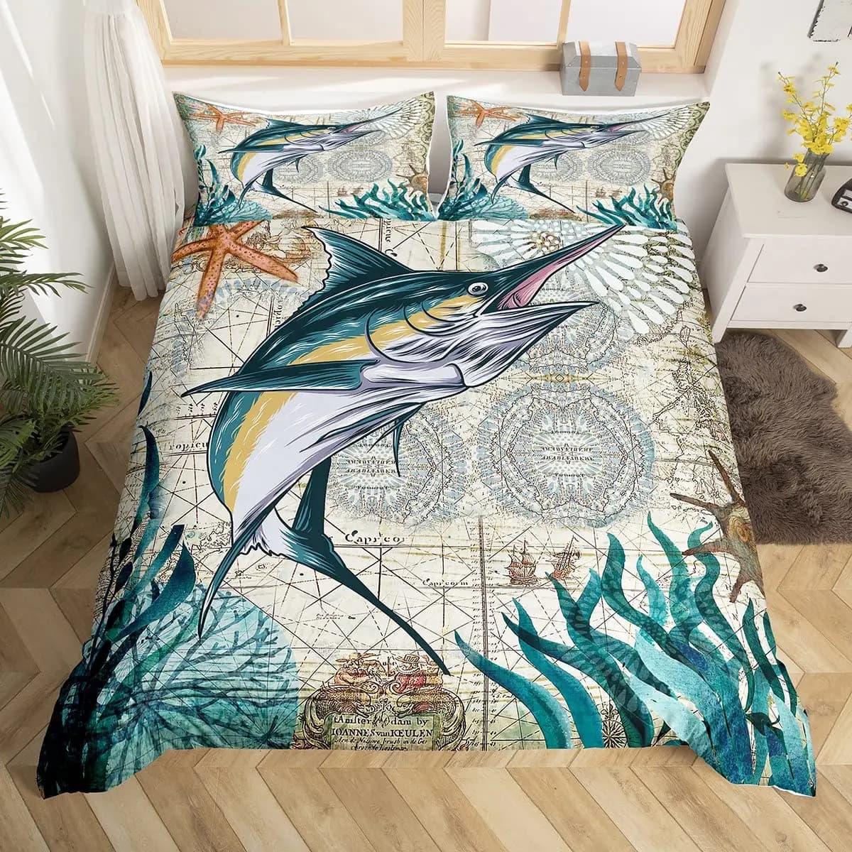 Marlin Swordfish Set copripiumino Caccia Pesca Set biancheria da letto Tie Dye Mare Pesca Barca Vita marina Copripiumino nautico Queen