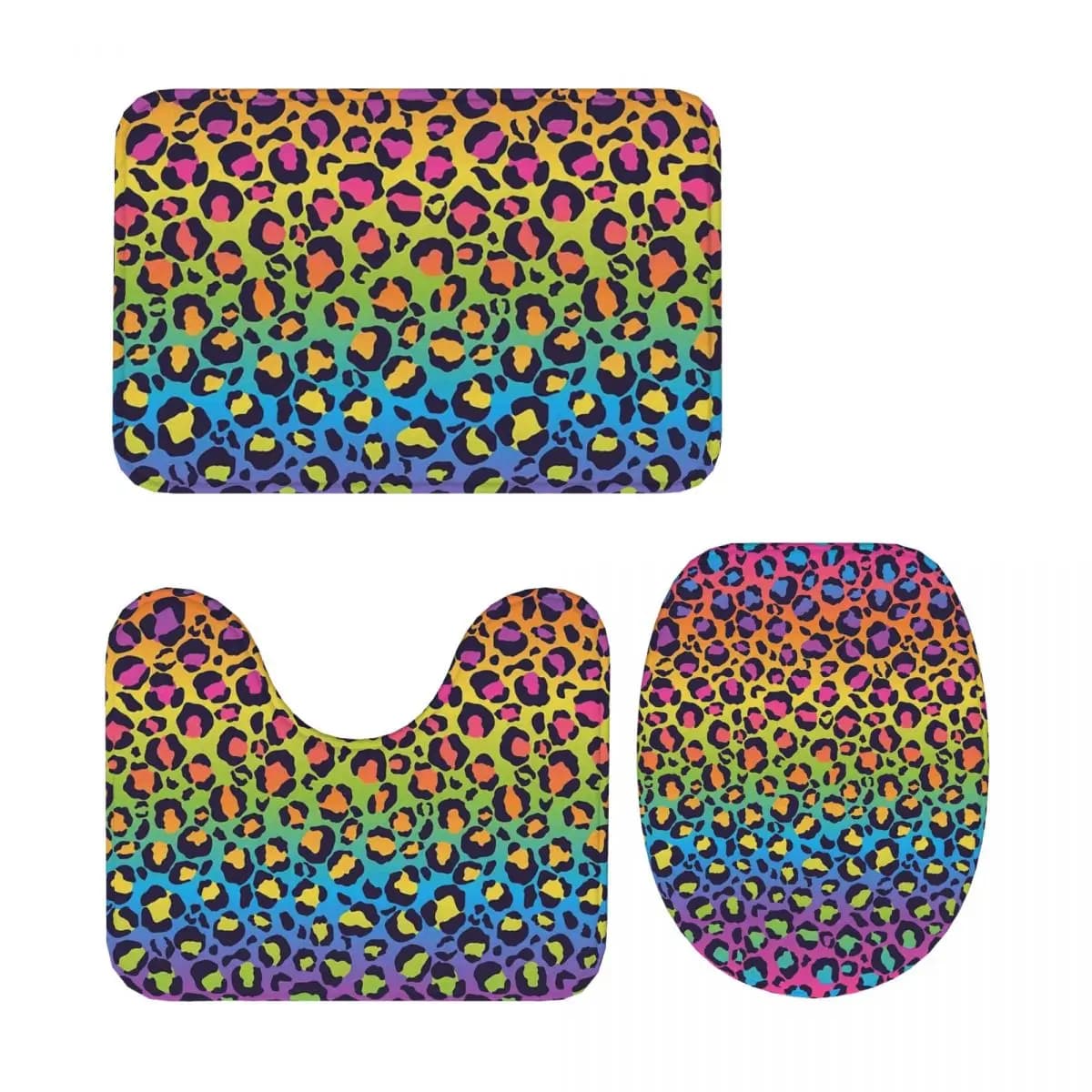 Bright Rainbow Ombre Gradient Leopard Print Pattern 3 pezzi Tappetino da bagno Set da bagno Copriwater Decorazioni per la casa Tappeto da pavimento