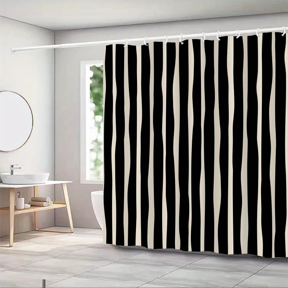 Tenda da doccia a righe ondulate nere e beige – Linee astratte fluide, design grafico moderno e minimalista, 12 ganci, 70,87×70,87 pollici