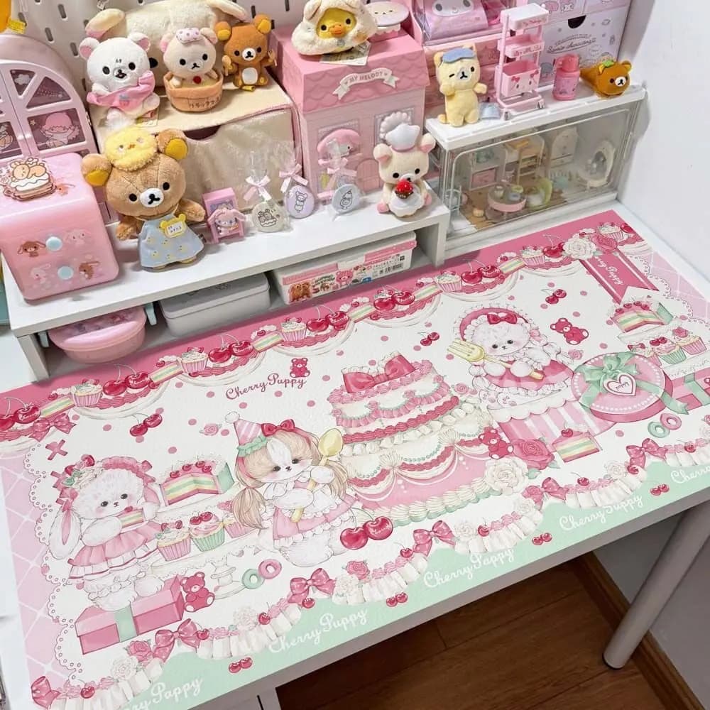 Tappetino per Mouse in Pelle PU con Simpatici Cuccioli di Ciliegio, Grande Tappetino da Scrivania per Ufficio, Impermeabile, per Tastiera e Gaming