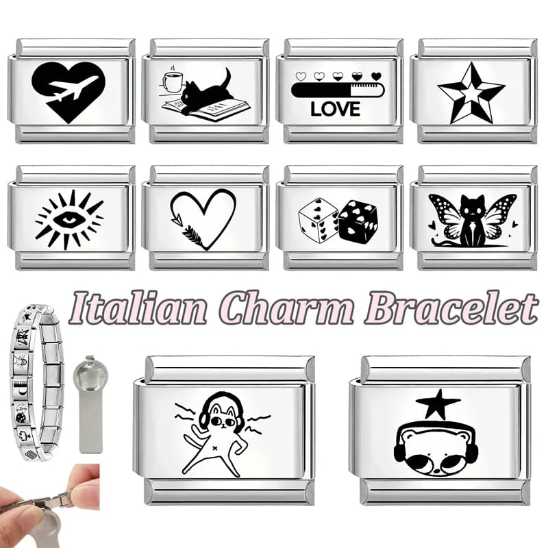 Nuovo Bracciale Charm Italiano Nero con Incisione Laser Fai-da-Te, Perline a Forma di Gatto, Farfalla, Stella, Cuore, 9mm, Gioielli in Acciaio Inossidabile all'Ingrosso