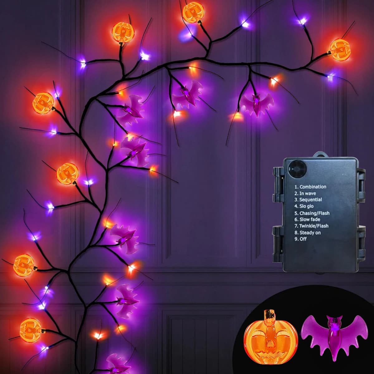 1 pcs 1.8M Halloween lights Black Willow Vine Twig Pumpkin and bat decorative branches waterproof battery lamp for home