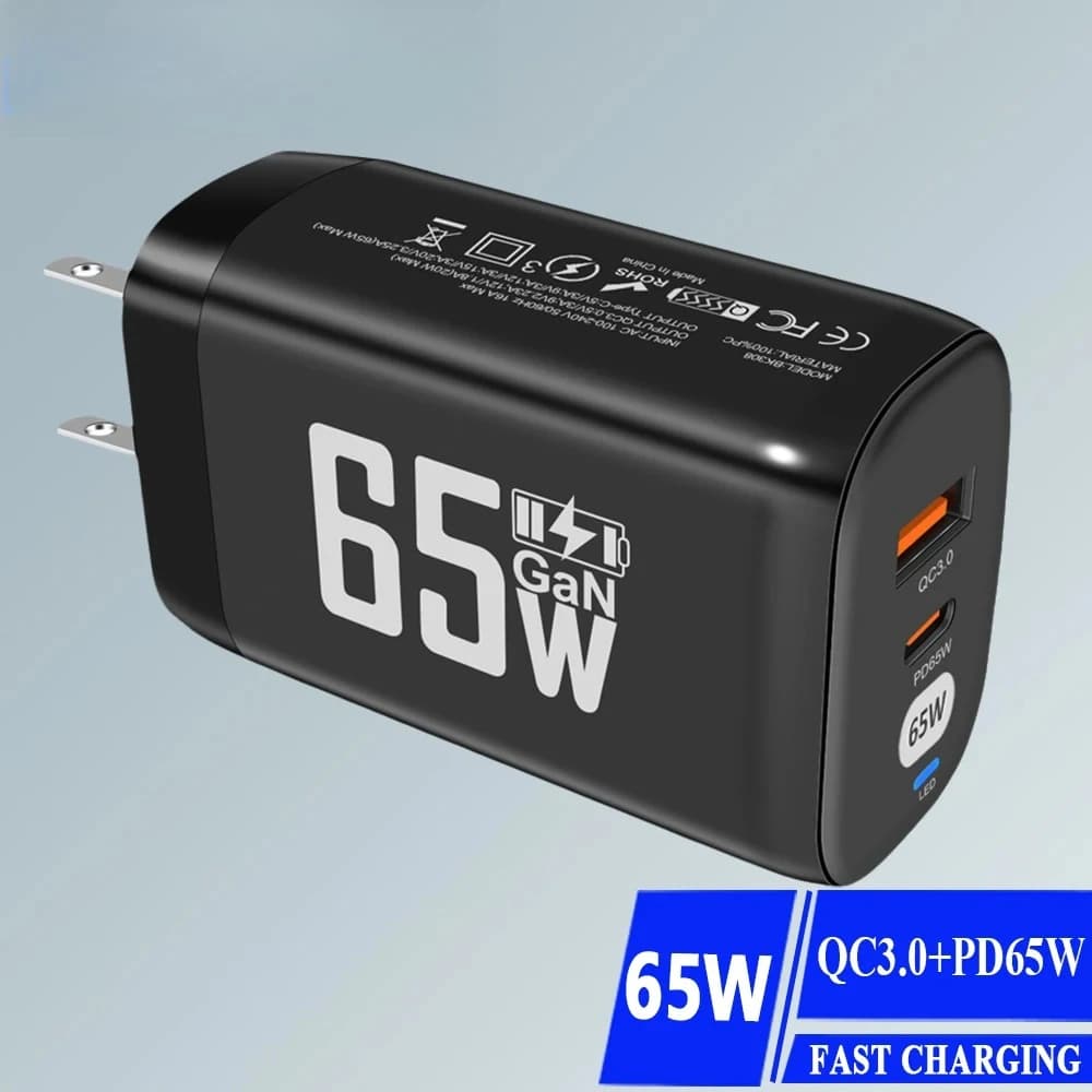 Caricatore Rapido GaN 65W a 2 Porte PD QC3.0 USB Tipo C, Adattatore da Muro con Spina EU per Laptop, iPhone 15, Samsung, Xiaomi