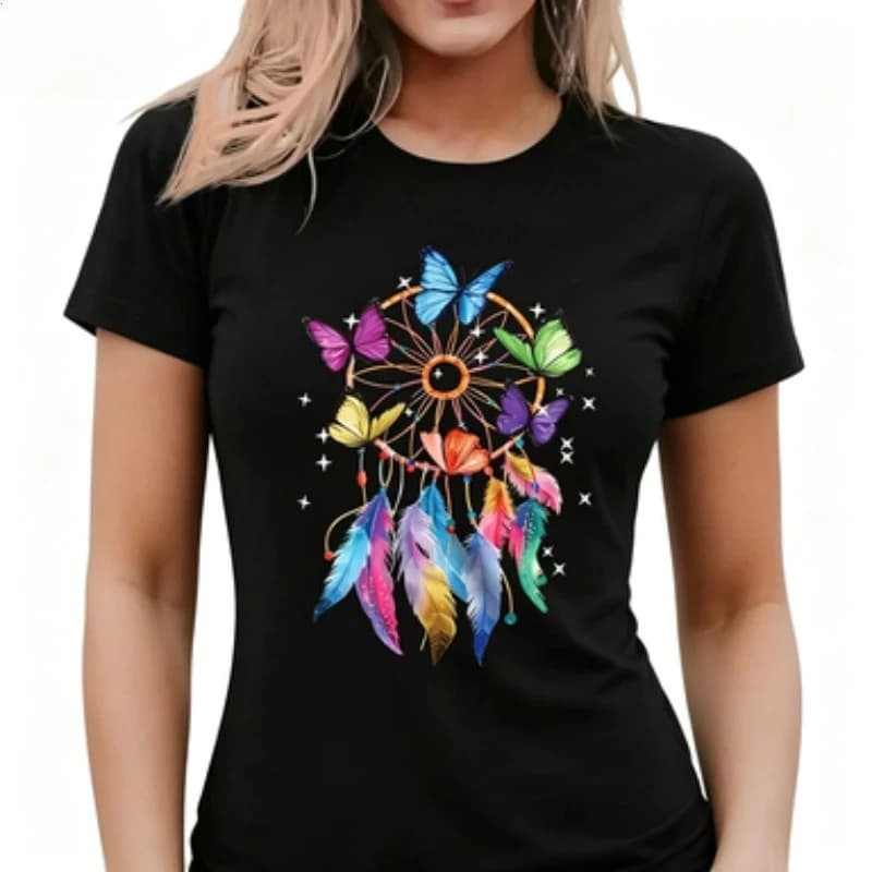 Women Casual Cotton Slim Crew Neck T‑Shirt Vibrant Butterfly Dreamcatcher Feather Boho Print Short Sleeve Tee