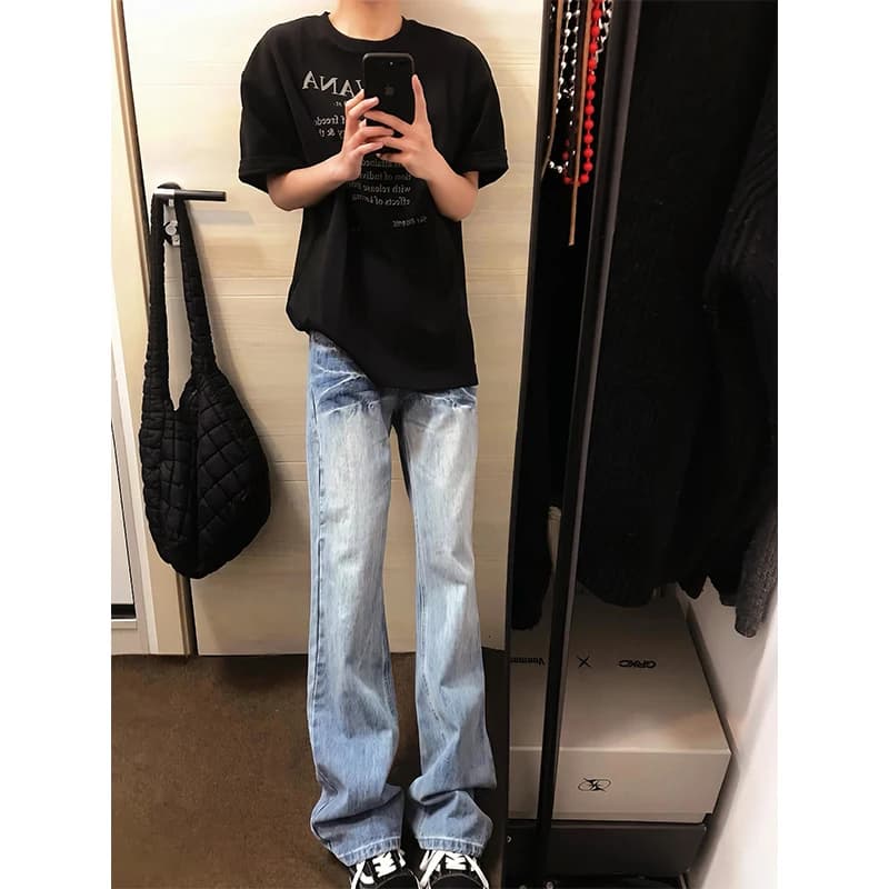 Jeans da Uomo Cleanfit Ice Blue a Gamba Dritta, Stile Americano High Street, Pantaloni a Zampa d'Elefante, Tendenza Giovanile, Resistenti all'Usura