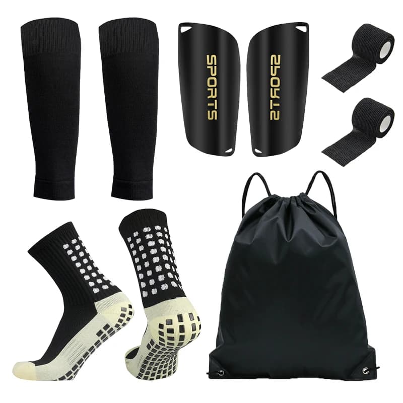 5-Piece Set of Black White Red and Blue Football Socks Suitable for Outdoor Training Sports Football Leg Guards and Straps