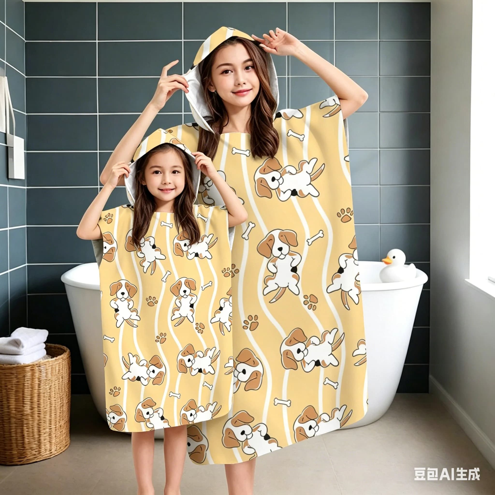 Accappatoio con Cappuccio a Forma di Cane per Genitori e Figli, Asciugamano Poncho in Microfibra ad Asciugatura Rapida per Bambini e Adulti