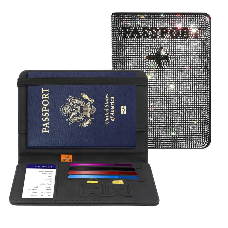 Borsa per portachiavi da donna con strass Custodia per passaporto Custodia per passaporto da viaggio Custodia per carte bling da donna per carta di credito ID passaporto