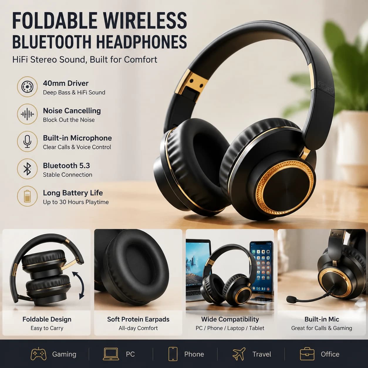 Cuffie Bluetooth Wireless Pieghevoli Over-Ear con Bassi Potenti, Audio Stereo HiFi, Driver da 40mm, Cancellazione del Rumore, Microfono Integrato, Chiamate Wireless, per Gaming, PC, Telefono, Laptop, Computer, Viaggi, Ufficio