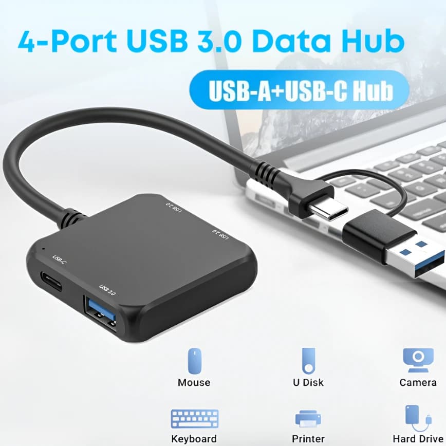 Hub USB 3.0 4 porte USB-A + USB-C Splitter Tipo-C ed espansore USB per laptop PC desktop Mouse tastiera Flash Drive Stampante disco U