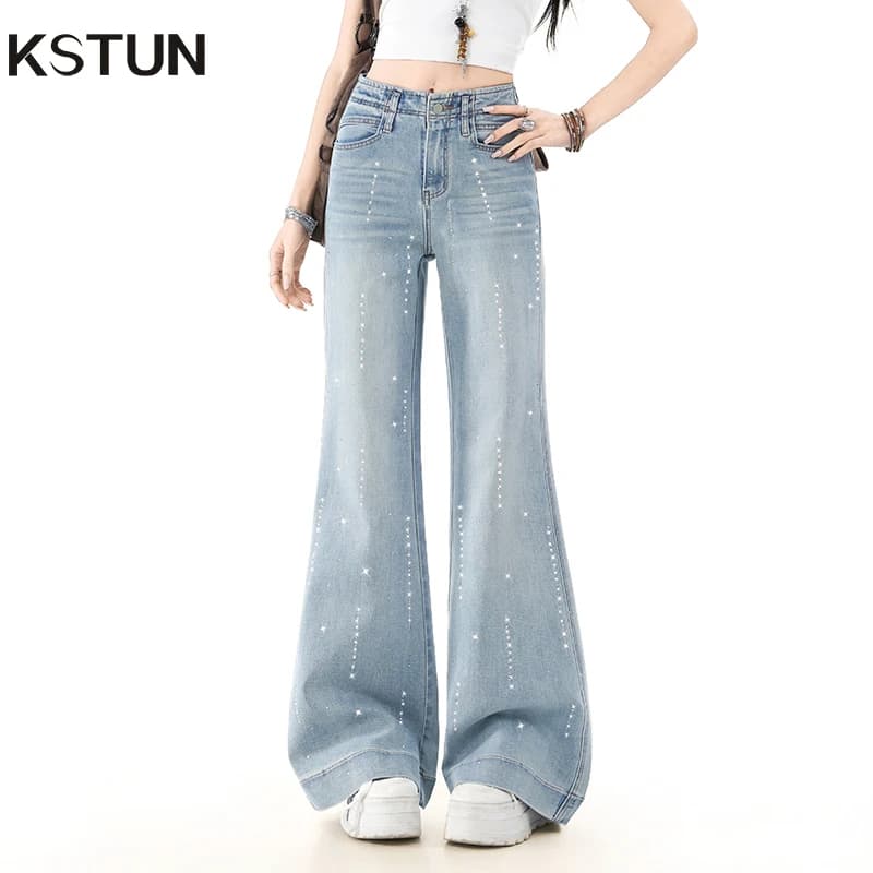High Waist Jeans and Gamba Woman's Larga with Sparkling Rhinestones, Waisted Denim Pants, Comfortable Fit, Casual Style, Elephant Zamp Model for Women 2026