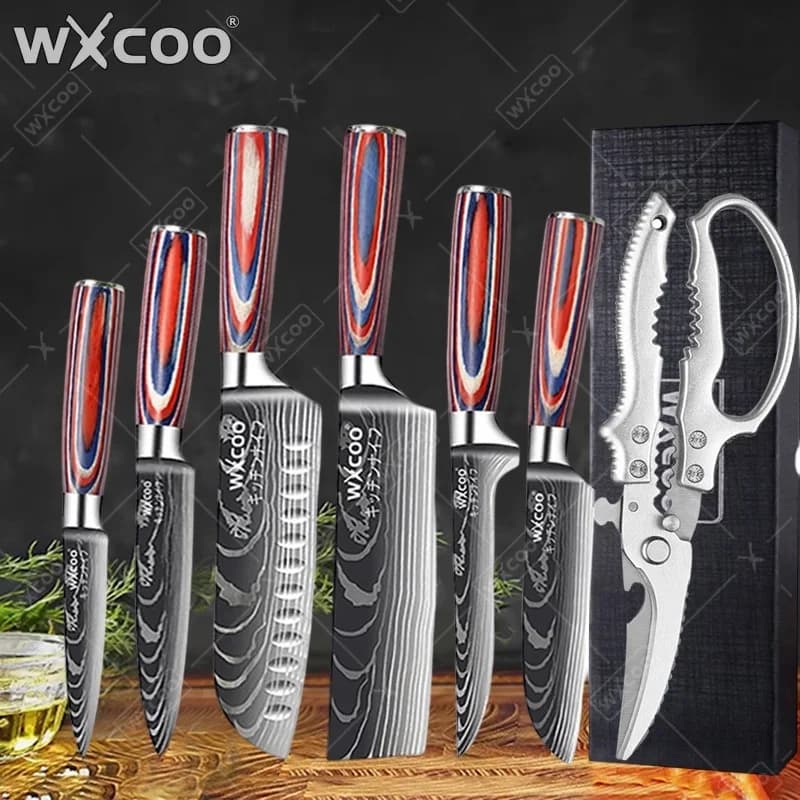 WXCOO Professional Damascus Stainless Steel Santoku Knife Japanese Kitchen Knife Scissor Fruit Slicing Knives with Box