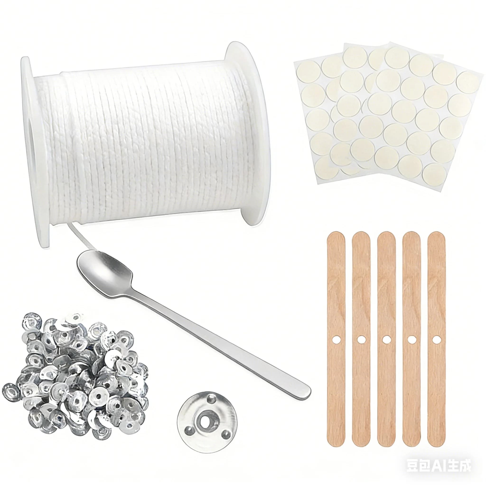 Kit Premium per la Creazione di Candele Fai-da-Te: 200 Piedi di Stoppino con 100 Linguette Metalliche, 60 Adesivi per Candele, 5 Supporti in Legno per Stoppini, 1 Cucchiaio per Mescolare