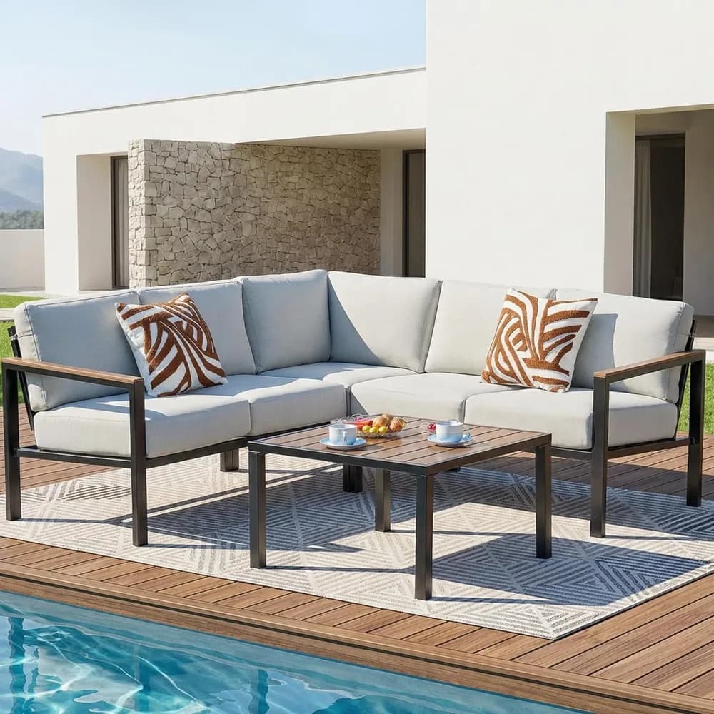 Set di Mobili da Giardino in 6 Pezzi, Divano da Esterno con Cuscini Spessi in Olefin, Braccioli e Piano in Finto Legno, Ergonomico, Personalizzabile
