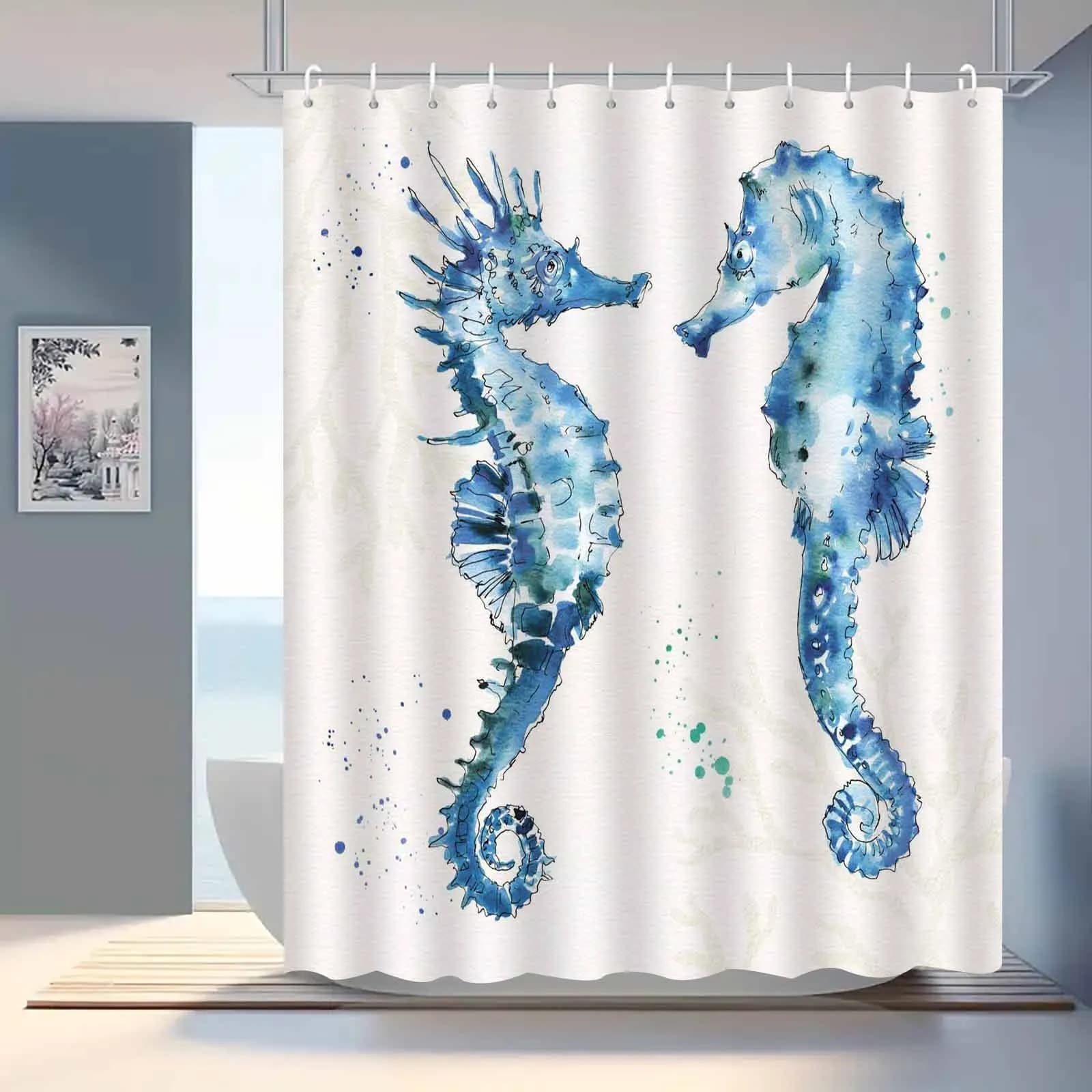 Tenda da doccia con cavalluccio marino da 1 pezzo, tenda da bagno elegante di fascia alta, motivo decorativo per il bagno