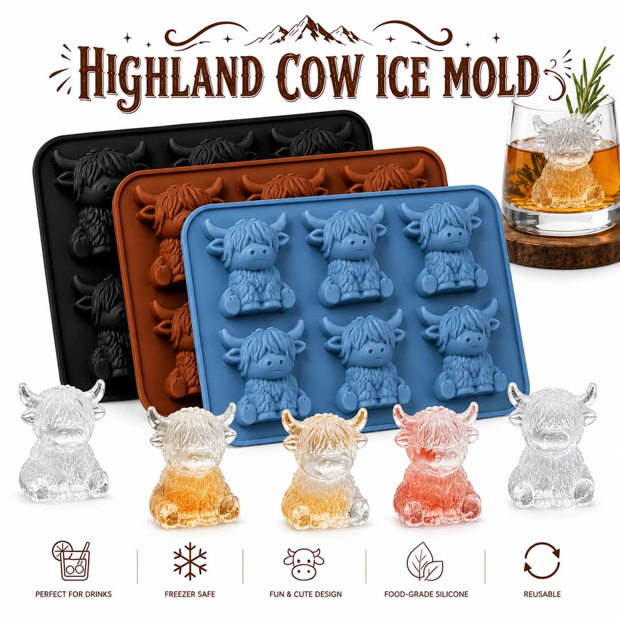 2/4 Pack 3D Highland Cow Ice Cube Tray Easy Release Silicone Animal Ice Maker For Whiskey Iced Coffee Party Drinks Cute Cow Gift