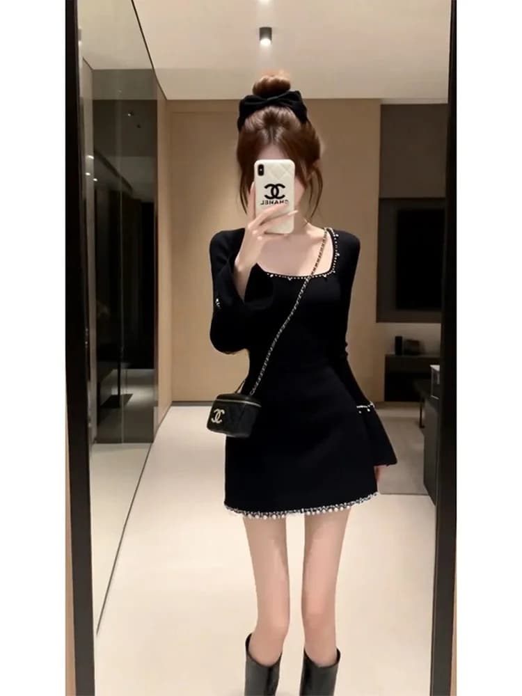 Elegant Black Beaded Bell Sleeve Dress Women's Fashion Spring Slimming Ladylike Short Skirt Long Sleeve Midi Dress Gathered W...