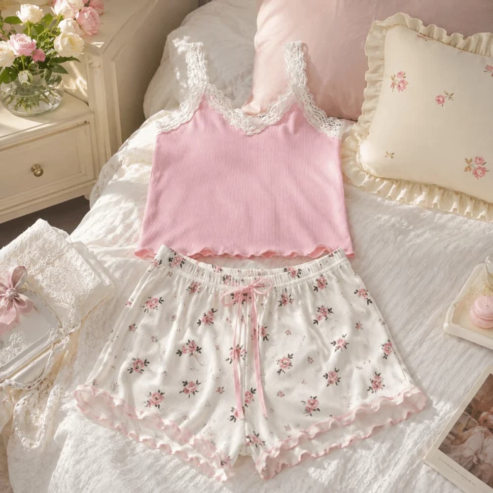 2 PCS Elastic V-Neck 2Pieces Pajama Set Flower Patchwork Women Sleepwear Lace Sweet Summer Camisole Shorts Home