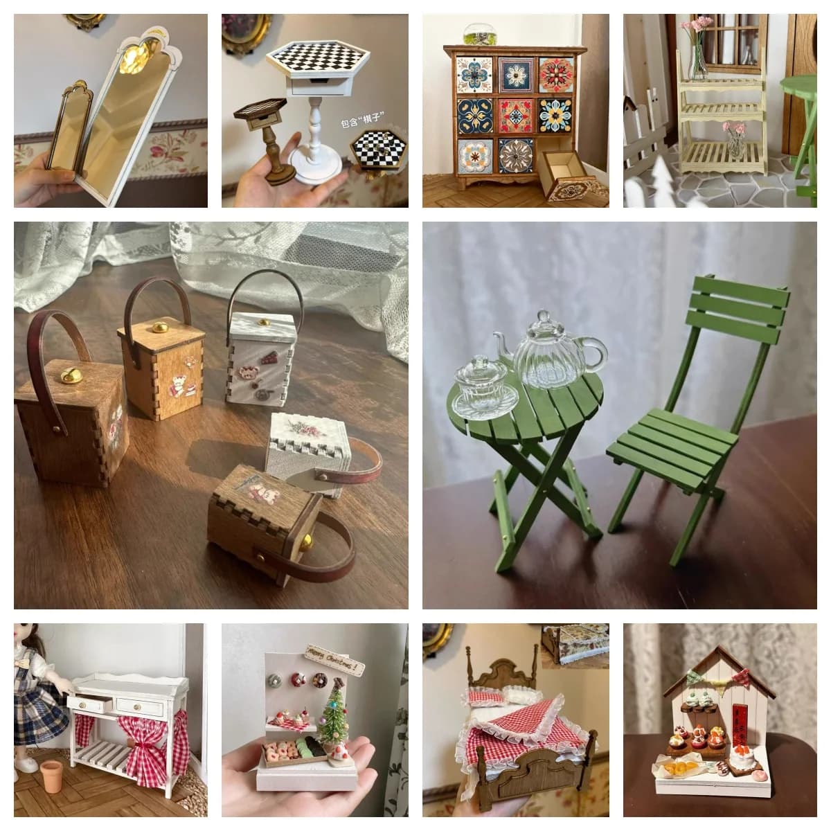 1/6 Casa delle bambole in legno Mobili in miniatura Armadietto di stoccaggio Letto Specchio Piano Tavolo degli scacchi Artigianato fai da te 1/12 Pasticceria di Natale Display Bjd