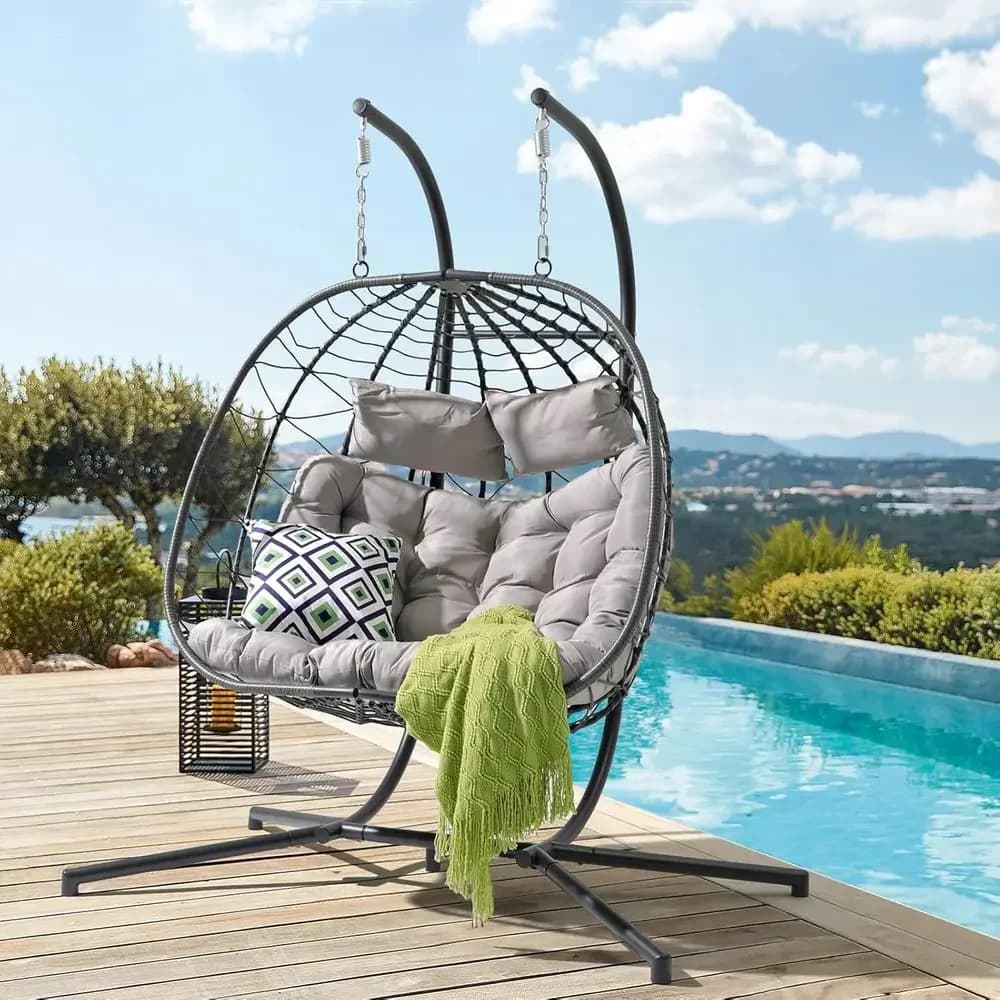 2-Person Double Egg Swing Chair with Cushion and Pillow, Outdoor Indoor Wicker Hanging Chair for Patio, Garden, or Balcony (Ligh