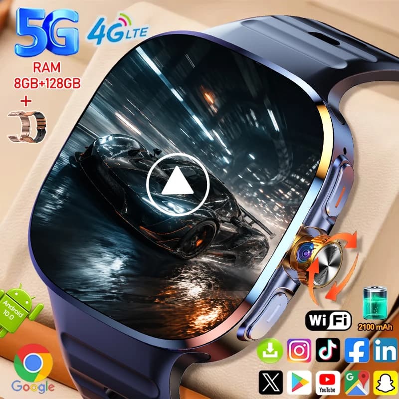 5G Full Network Smart Watch 2.4"AMOLED Ultra HD Screen Video Call 8GB+128GB RAM Google APP Store WIFI GPS SIM Card 4G Smartwatch