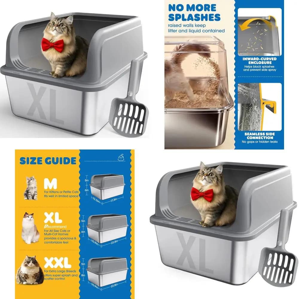 Lettiera per Gatti Extra Large in Metallo Grigio con Paletta, Bordi Alti, Anti-Perdita, Facile da Pulire