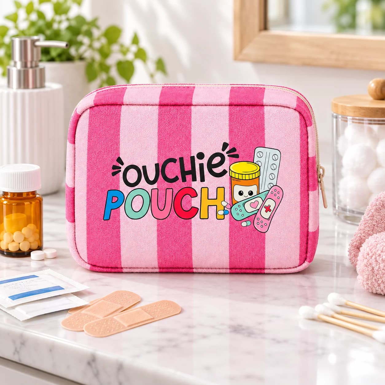 Medicine Storage Pouch Cute Pink Striped First Aid Bag Portable Travel Emergency Organizer Medical Kit Pouch First Aid Case