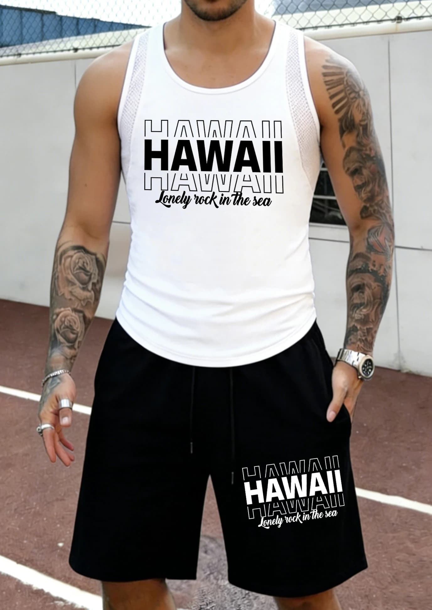 Hawaii Lonely In The Sea Design Man Summer Mesh Vest Set Fast-drying racing sportswear Classic shorts with pockets hip-hop shorts