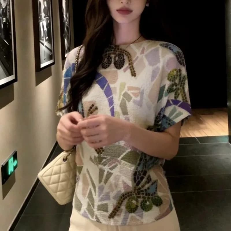 Miyake Pleated T-Shirt Design Sense Personality Print Pleats Top Women 2026 Summer Elegant Plus Size Slim Short Sleeve T-Shirt