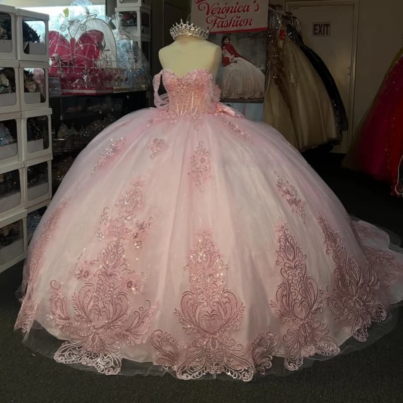 Abiti Quinceanera rosa lucido Abito da ballo con spalle scoperte Applique Perline di pizzo Fiocco Tull Corsetto Festa di compleanno Dolce 16 Abito gilet