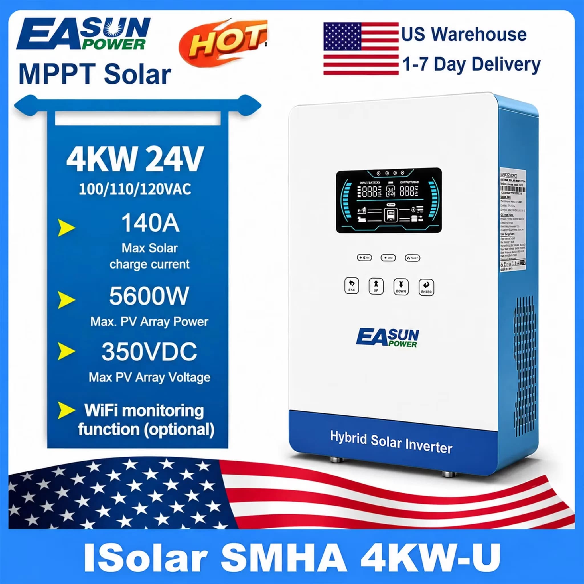 EASUN POWER Hybrid Solar Inverter 4KW MPPT 140A 350VDC PV Input 110VAC 24VDC 4000W Pure Sine Wave 6.25 Inch LCD Display for US Household New Appearance 1PC 10PC