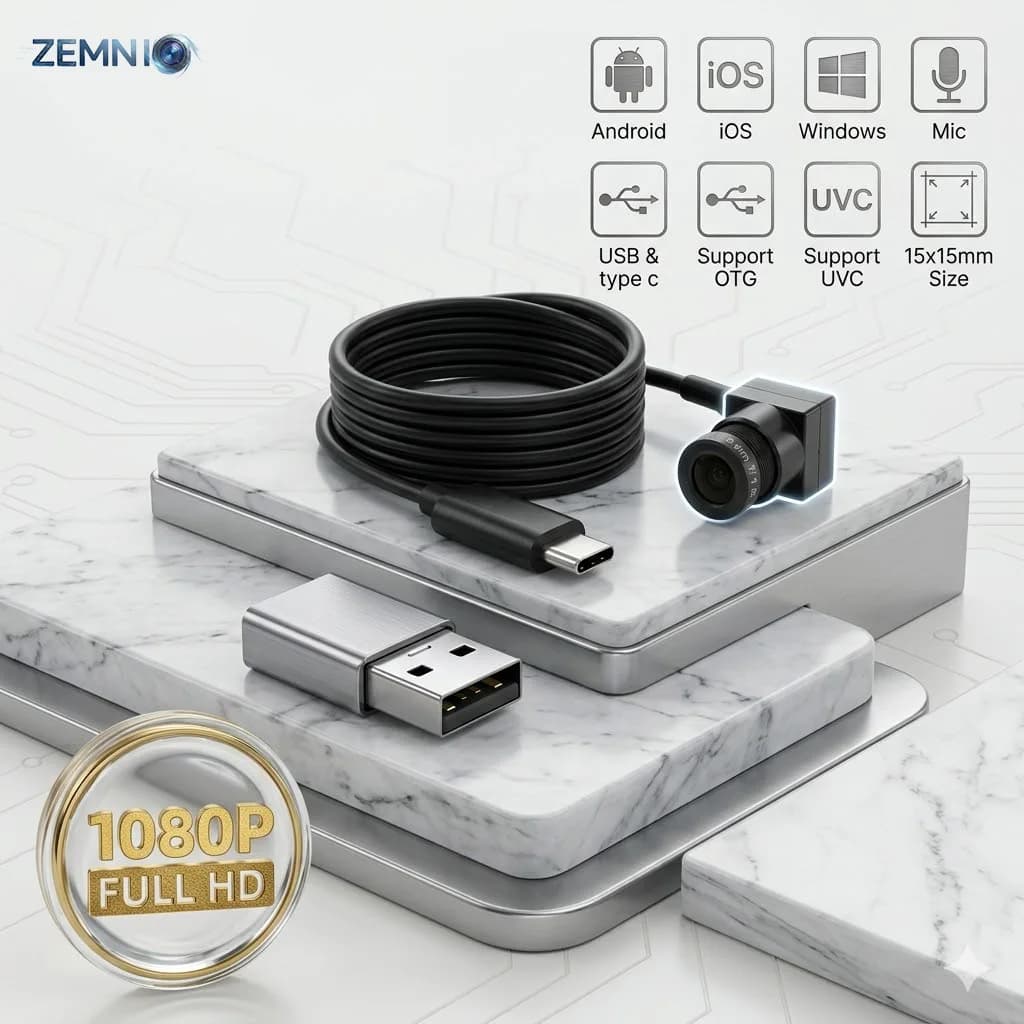 Mini Telecamera USB 15x15mm 1080P 2MP con Microfono | Webcam OTG, UVC Plug & Play, Adattatore Type-C, per Chioschi, ATM e Armadietti