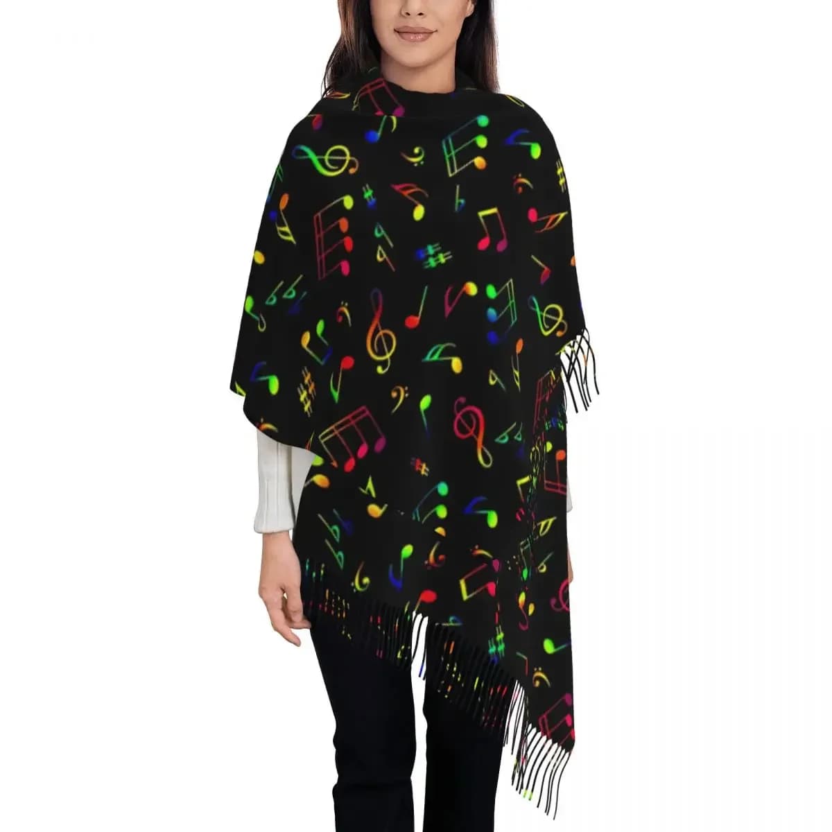 Scarf with tassels with musical notes shaded black custom Women's soft boots wraps winter scarves for women