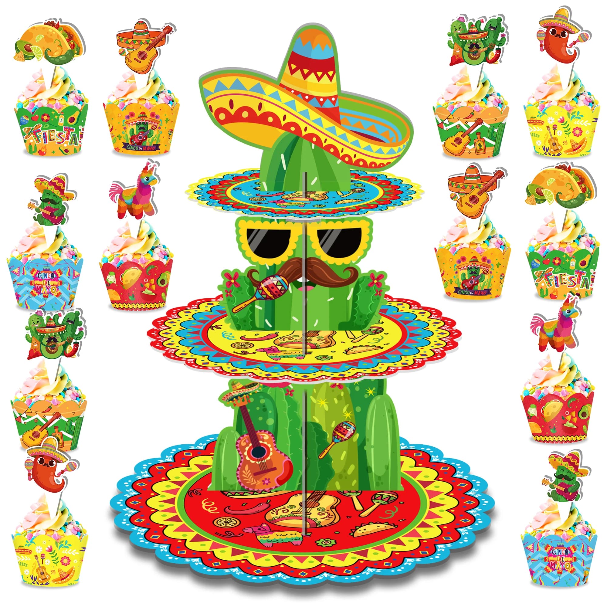 Fiesta messicana Espositore per torta per feste Compleanno Involucri per cupcake Supporto per rack Topper per torta Decorazione per vassoio per torta per feste per baby shower